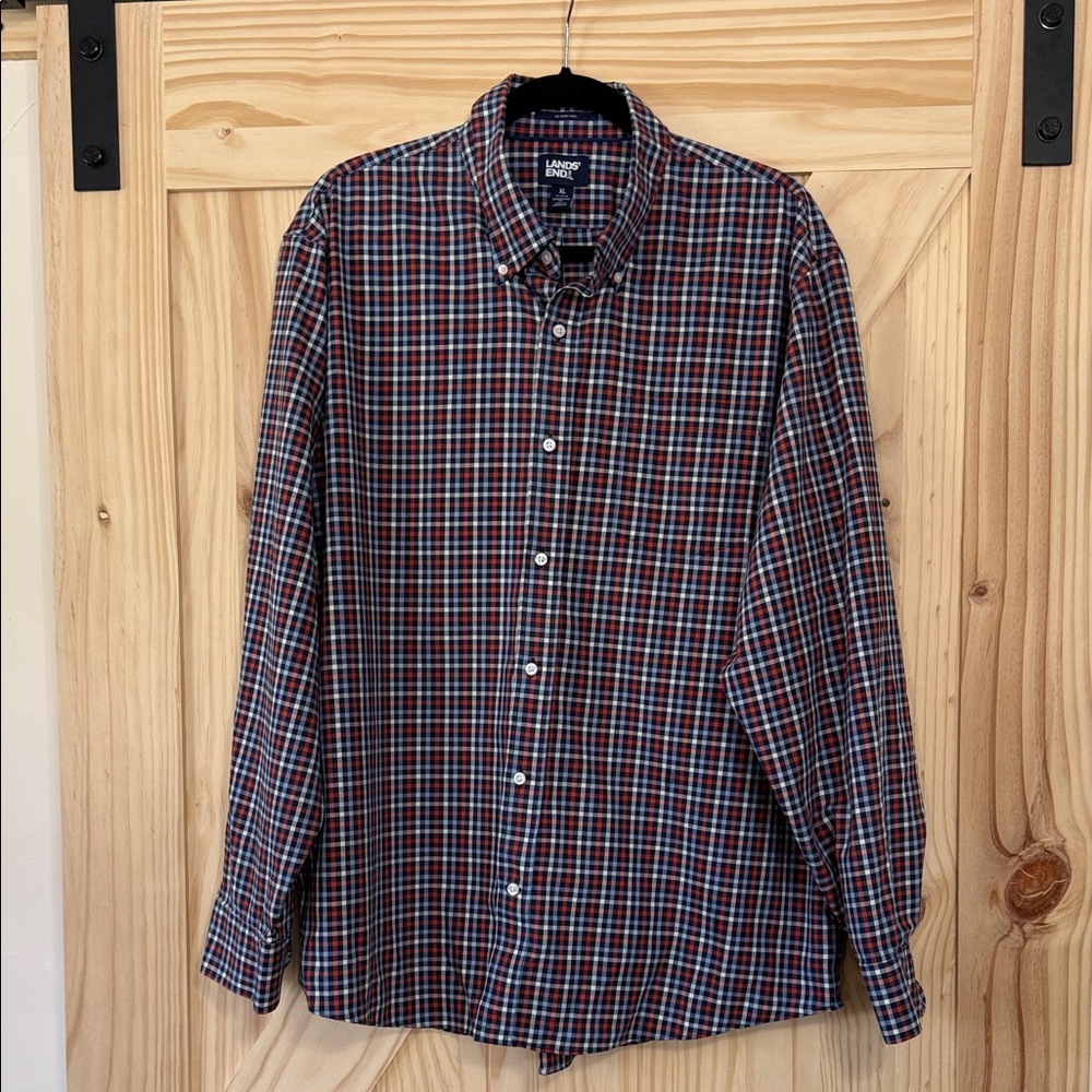 Lands' End Red and Blue Plaid Casual Button Down Shirt